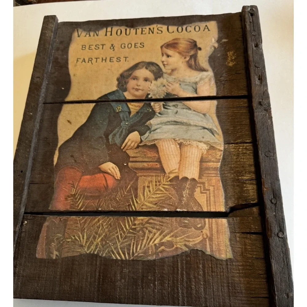 Vintage Van‎ Houten Cocoa Ad on Old Crate Wood 12x15x2
